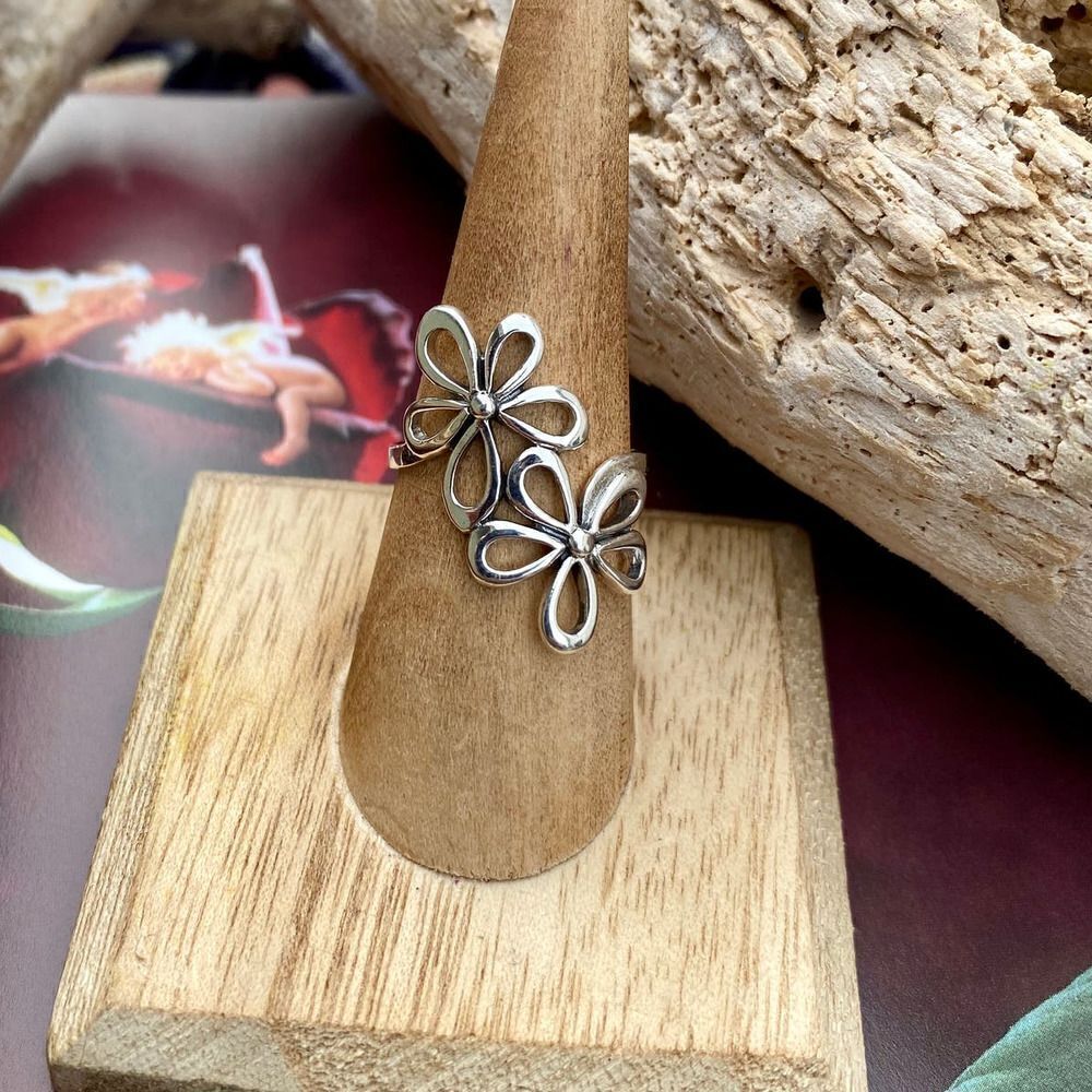 Large Double Flower Sterling Silver Ring. Boho Ring